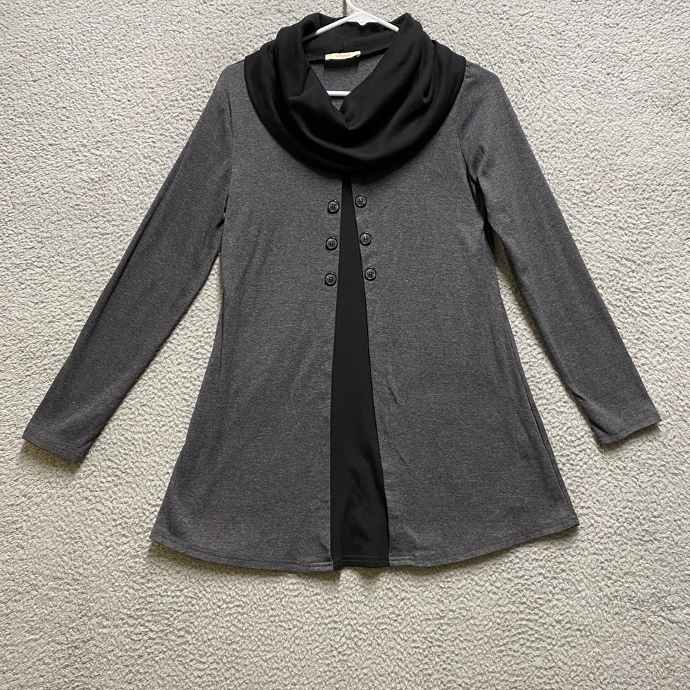 Bebonnie Tunic Womens Small Gray Black Long Sleeve Cowl Neck Top